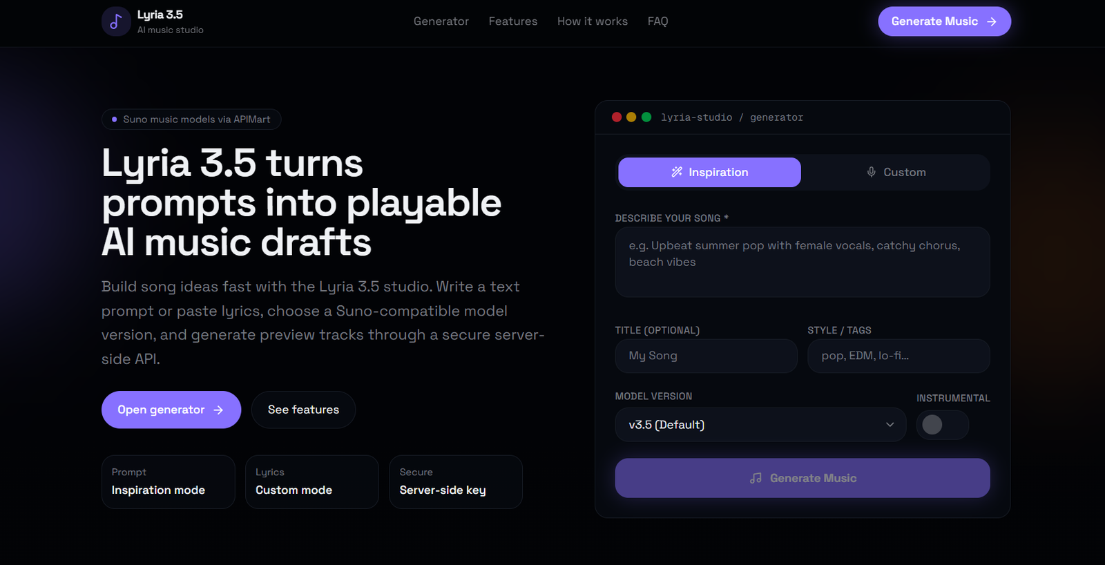 1 - Dark landing page showing Lyria 3.5 hero: large headline about turning prompts into playable AI music drafts with a right-side generator panel