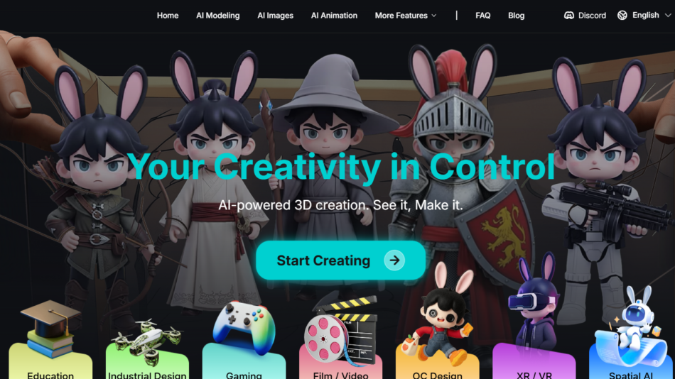 Hero banner featuring stylized 3D figures with the slogan 'Your Creativity in Control' and a prominent Start Creating call-to-action button.