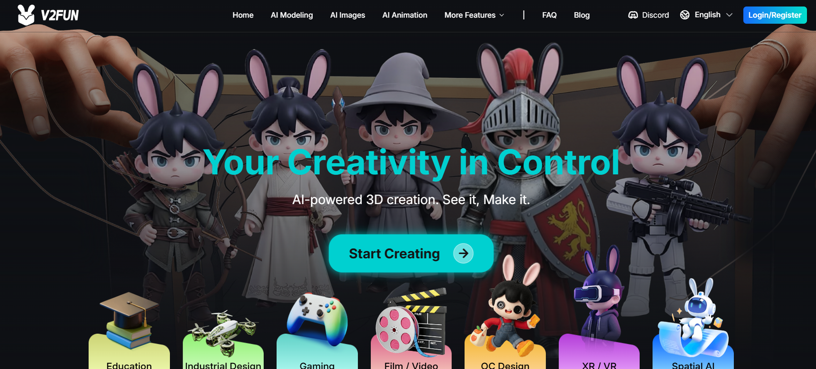 10 - Hero banner featuring stylized 3D figures with the slogan 'Your Creativity in Control' and a prominent Start Creating call-to-action button.