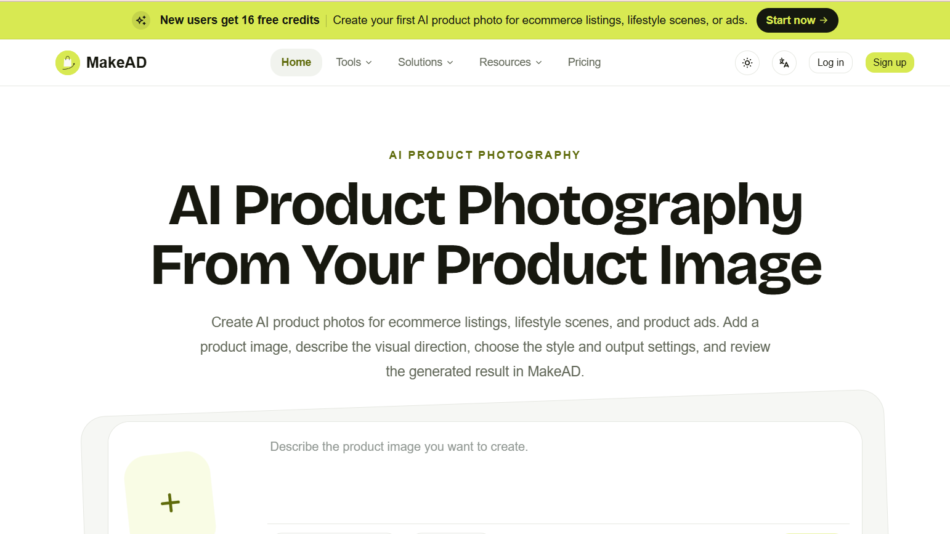 10 - Hero banner for MakeAD: bold headline 'AI Product Photography From Your Product Image' with supporting description, signaling an AI-powered product photography tool.