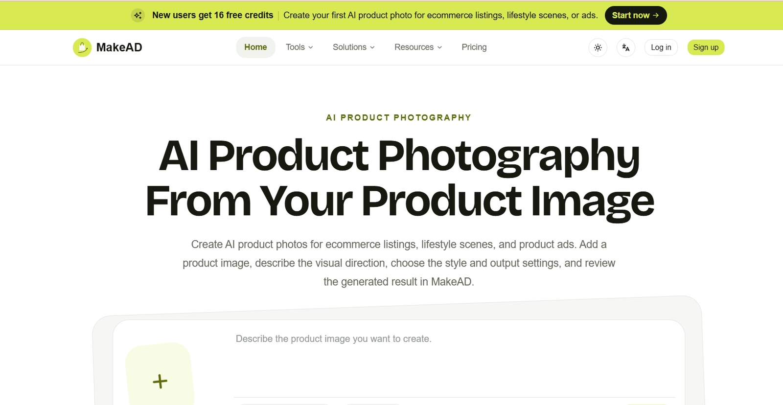Hero banner for MakeAD: bold headline 'AI Product Photography From Your Product Image' with supporting description, signaling an AI-powered product photography tool.
