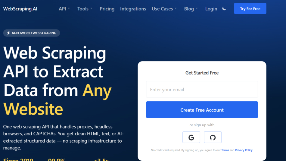 Hero banner for WebScraping.AI with a large white headline about extracting data from any website on a dark blue gradient background and a white rounded sign-up card on the right.