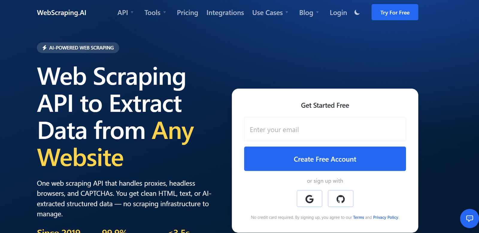 10 - Hero banner for WebScraping.AI with a large white headline about extracting data from any website on a dark blue gradient background and a white rounded sign-up card on the right.