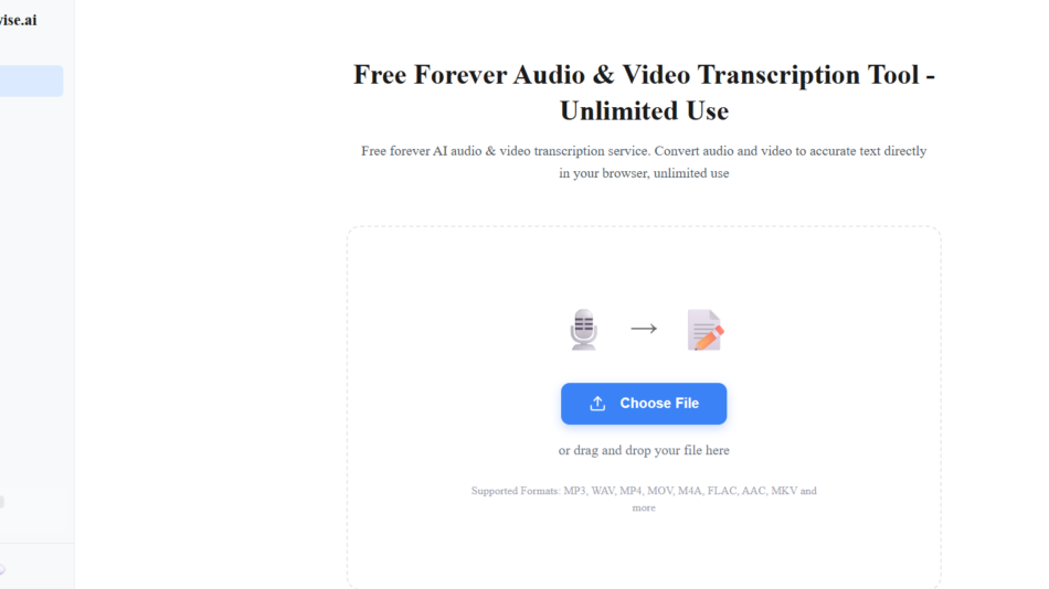Hero section of Soundwise.ai with headline 'Free Forever Audio & Video Transcription Tool - Unlimited Use', subtitle about unlimited, then a large dashed upload area featuring a microphone icon, an arrow, a document icon, and a blue 'Choose File' button with drag-and-drop instructions and listed supported formats.