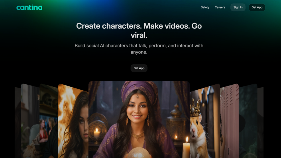 10 - Hero section for Cantina with a dark gradient background and a central woman in purple attire smiling amid candles; foreground carousel of character panels fading to sides.