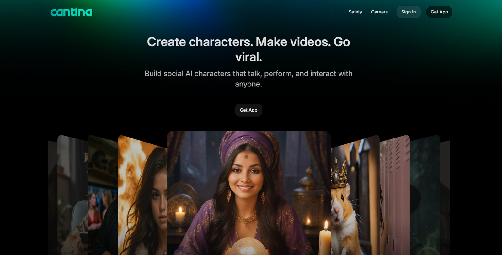 10 - Hero section for Cantina with a dark gradient background and a central woman in purple attire smiling amid candles; foreground carousel of character panels fading to sides.