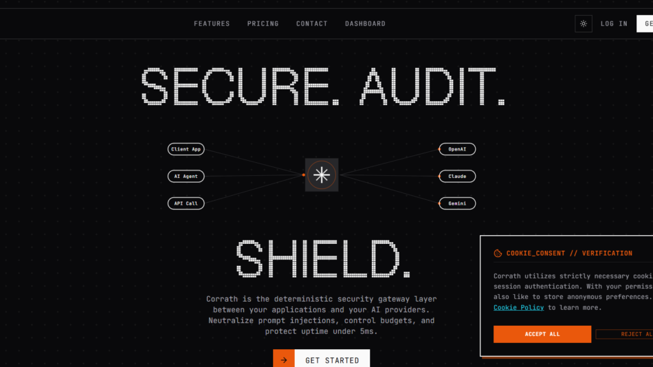 11 - Hero section promoting Corrath: 'SECURE. AUDIT.' and 'SHIELD.' with a central network diagram on a dark dotted background and a cookie consent panel in the corner