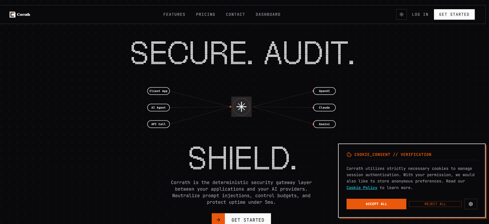 11 - Hero section promoting Corrath: 'SECURE. AUDIT.' and 'SHIELD.' with a central network diagram on a dark dotted background and a cookie consent panel in the corner
