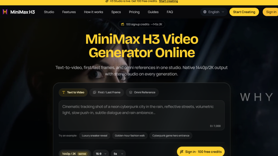Hero header for MiniMax H3 Video Generator Online with a bold yellow title on a dark background and a top navigation bar (Start Creating, Sign In).