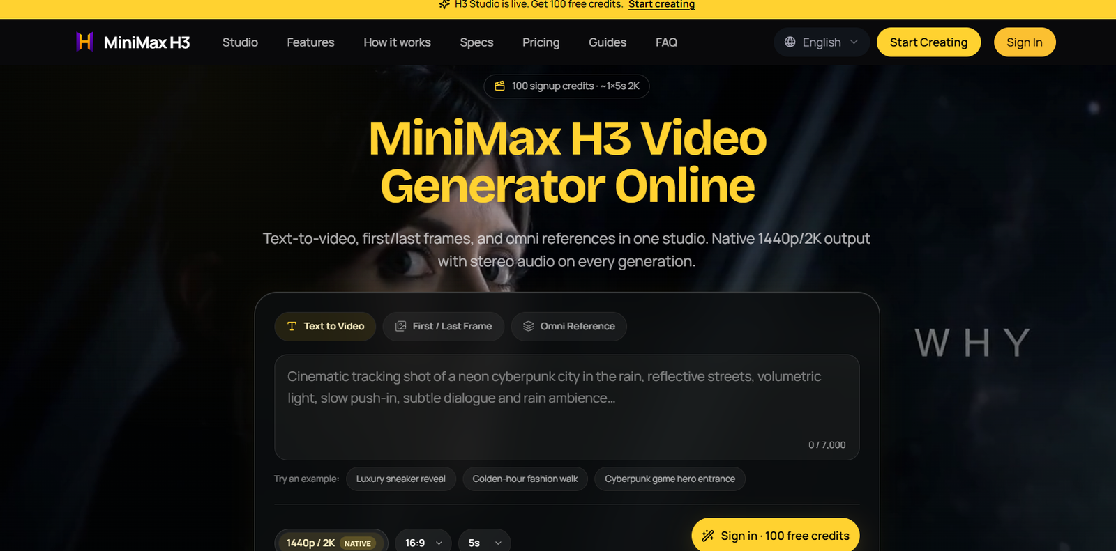 11 - Hero header for MiniMax H3 Video Generator Online with a bold yellow title on a dark background and a top navigation bar (Start Creating, Sign In).