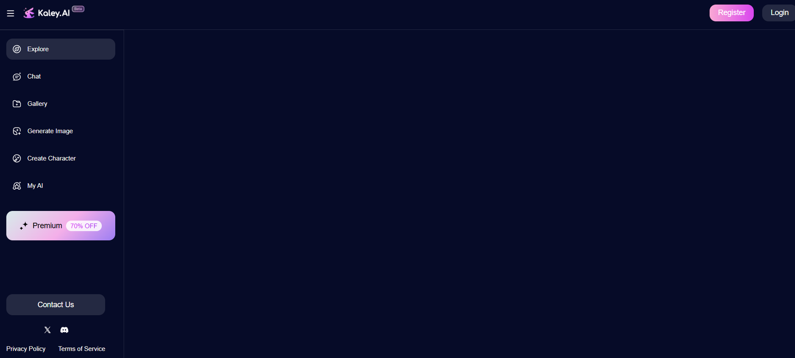 Dark UI with Kaley.AI logo; left sidebar shows Explore highlighted, plus Chat, Gallery, Generate Image, Create Character, My AI; Premium badge.