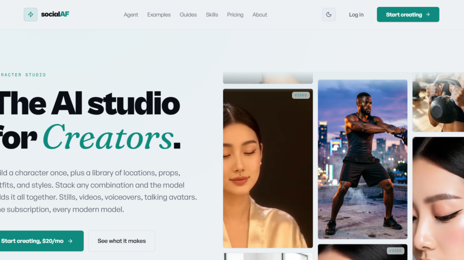 Hero banner: 'The AI studio for Creators' headline on a pale gradient background with a right-side grid of creator thumbnails.