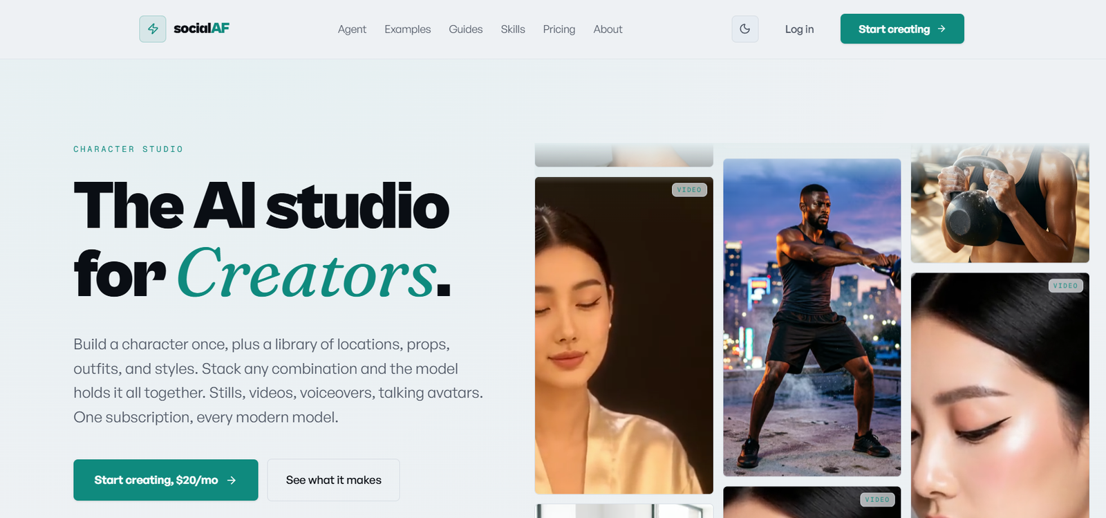 11 - Hero banner: 'The AI studio for Creators' headline on a pale gradient background with a right-side grid of creator thumbnails.