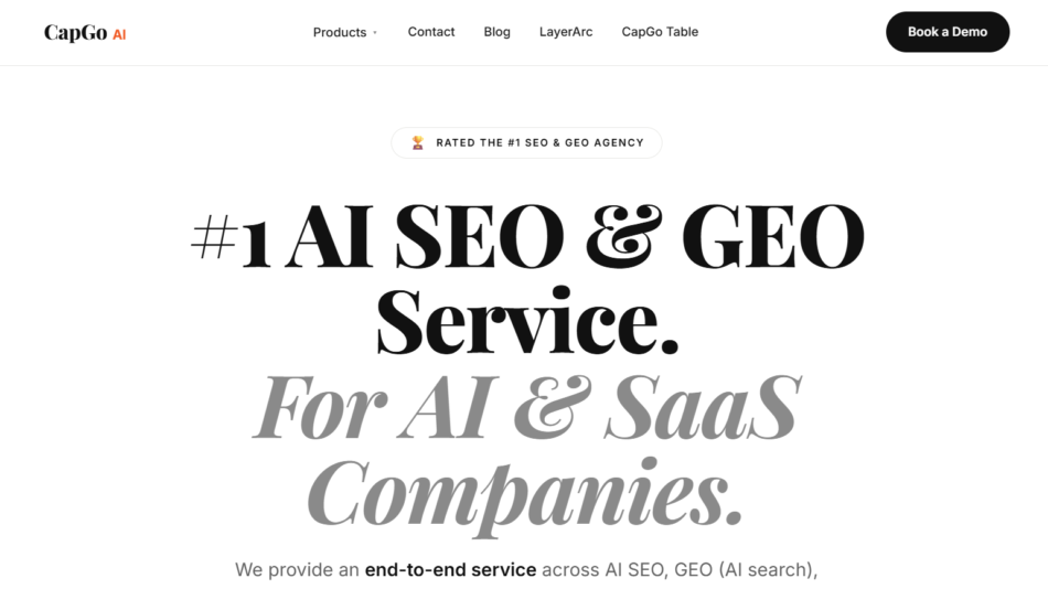 Hero banner announcing '#1 AI SEO & GEO Service' with 'For AI & SaaS Companies' subheading on a white page. Includes a top navigation bar and a 'Rated the #1 SEO & GEO Agency' badge.