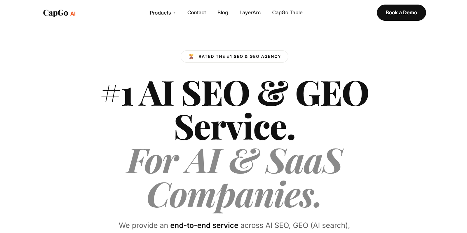 11 - Hero banner announcing '#1 AI SEO & GEO Service' with 'For AI & SaaS Companies' subheading on a white page. Includes a top navigation bar and a 'Rated the #1 SEO & GEO Agency' badge.