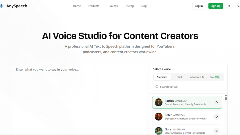 Hero section: 'AI Voice Studio for Content Creators' heading with subtitle, plus a left input area and a right panel for selecting and previewing voices on AnySpeech's homepage.