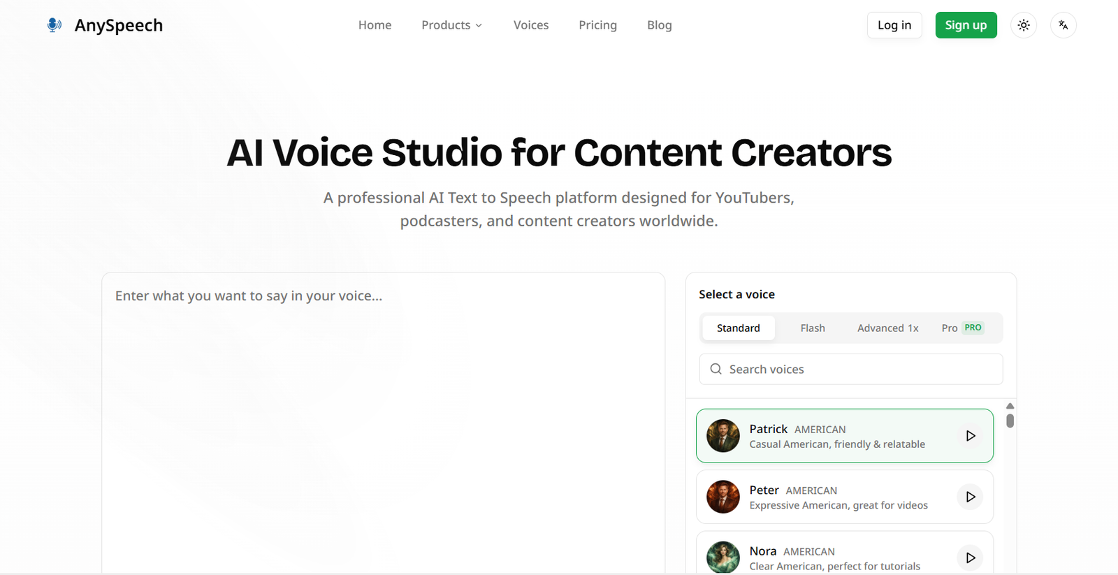 11 - Hero section: 'AI Voice Studio for Content Creators' heading with subtitle, plus a left input area and a right panel for selecting and previewing voices on AnySpeech's homepage.