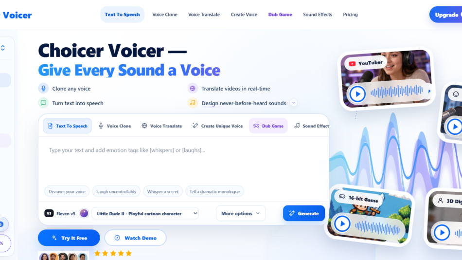 Hero banner for Choicer Voicer: left navigation, main headline 'Choicer Voicer — Give Every Sound a Voice', with floating feature cards and demo audio visuals on the right