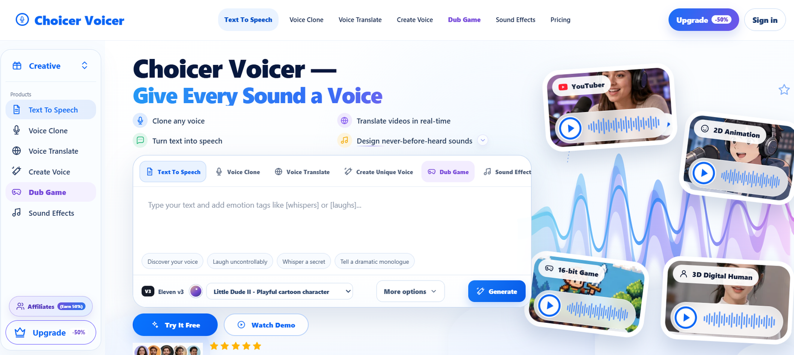 11 - Hero banner for Choicer Voicer: left navigation, main headline 'Choicer Voicer — Give Every Sound a Voice', with floating feature cards and demo audio visuals on the right