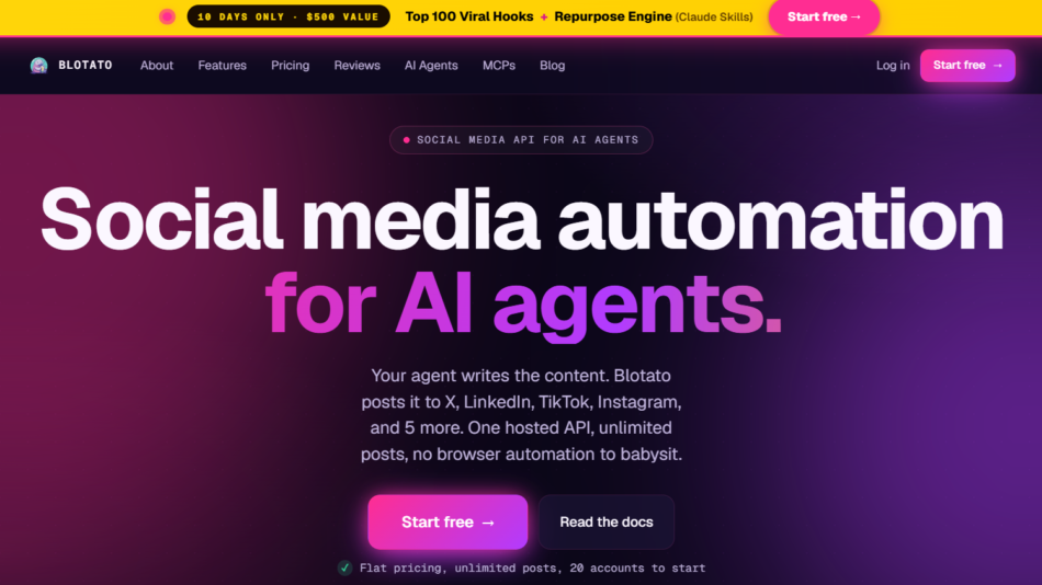 Hero banner for Blotato featuring a purple-pink gradient with bold white headline 'Social media automation for AI agents' and a subheading about posting to X, LinkedIn, TikTok, Instagram; pink 'Start free' and dark 'Read the docs' CTAs below.