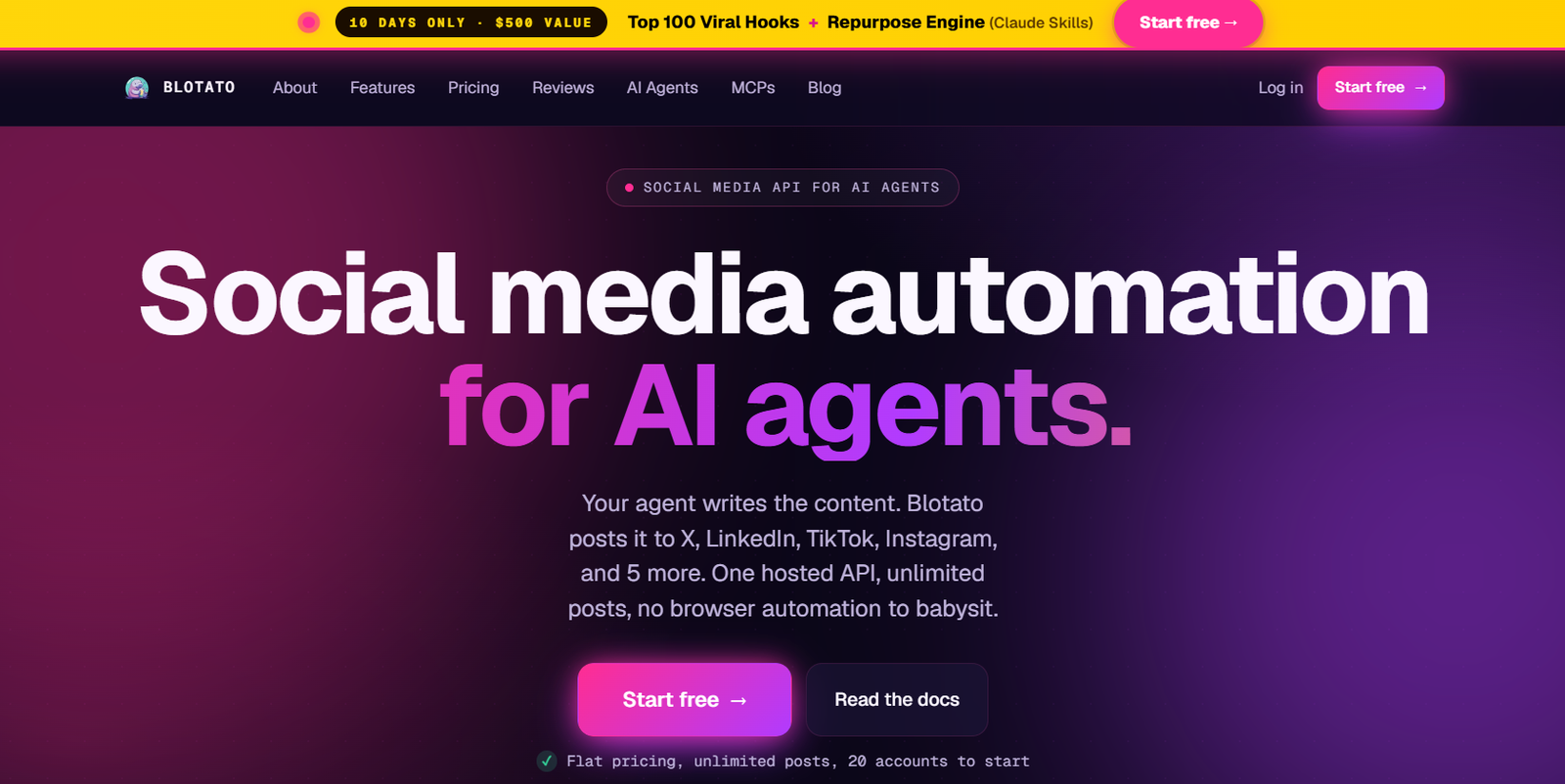 11 - Hero banner for Blotato featuring a purple-pink gradient with bold white headline 'Social media automation for AI agents' and a subheading about posting to X, LinkedIn, TikTok, Instagram; pink 'Start free' and dark 'Read the docs' CTAs below.
