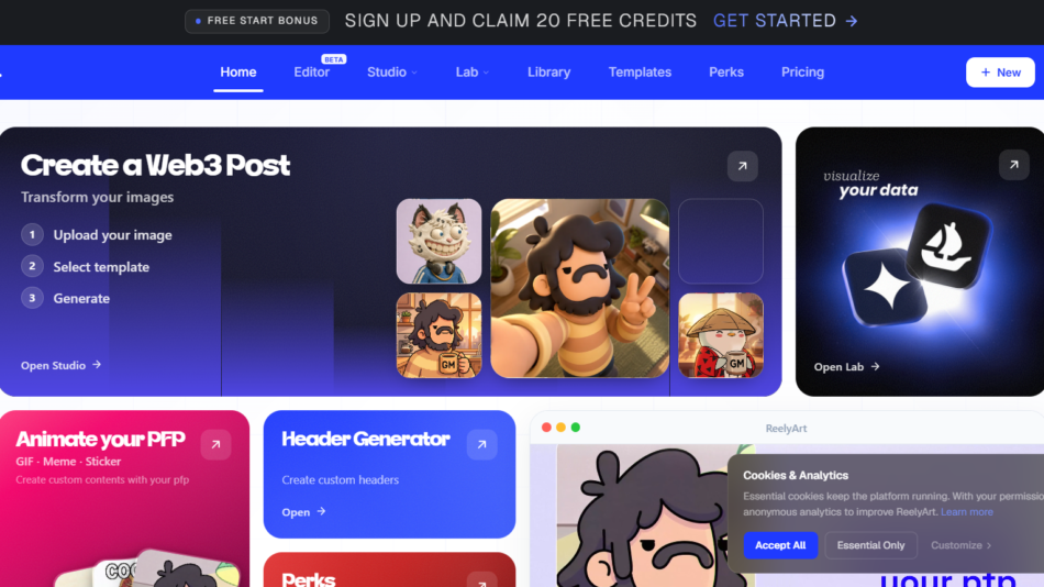 12 - Hero of a design editor: 'Create a Web3 Post' with steps 'Upload your image', 'Select template', 'Generate'.