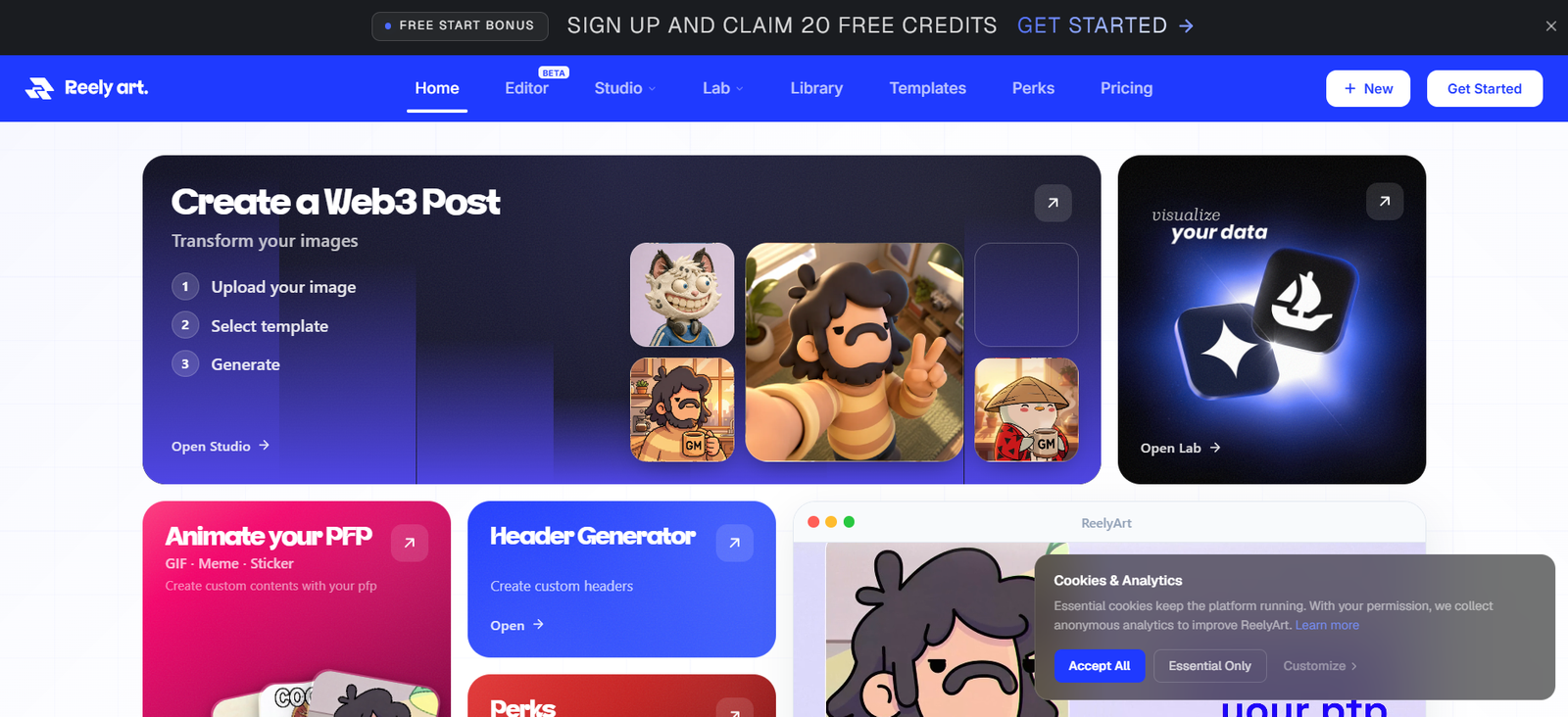 12 - Hero of a design editor: 'Create a Web3 Post' with steps 'Upload your image', 'Select template', 'Generate'.