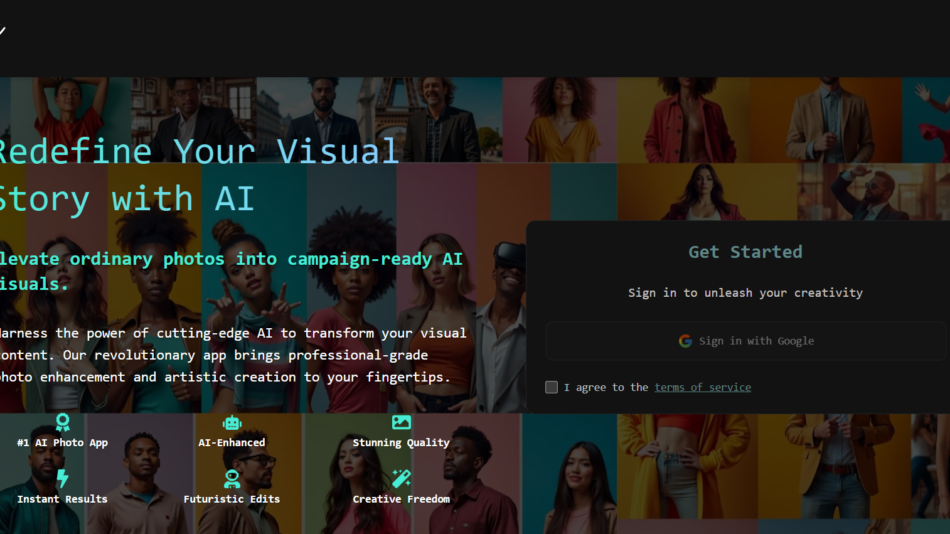 Hero collage for PixelPoc: diverse people in a colorful grid with turquoise headline 'Redefine Your Visual Story with AI' and white subheading about transforming photos; a dark 'Get Started' signup modal overlaps on the right.