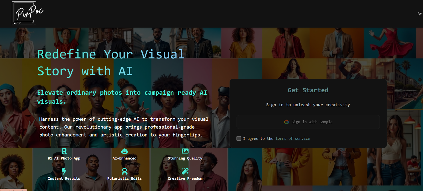Hero collage for PixelPoc: diverse people in a colorful grid with turquoise headline 'Redefine Your Visual Story with AI' and white subheading about transforming photos; a dark 'Get Started' signup modal overlaps on the right.