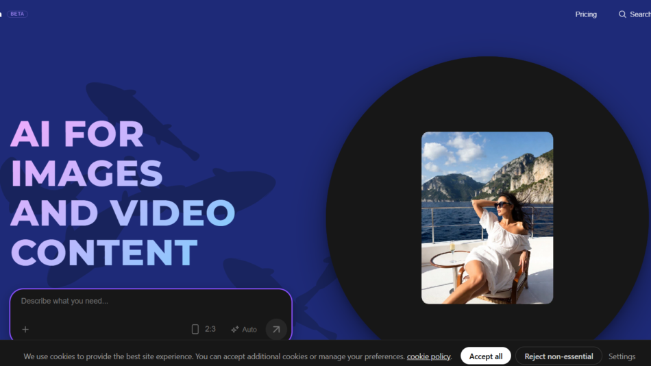 Hero banner with bold 'AI FOR IMAGES AND VIDEO CONTENT' text on a blue background; right side shows a woman on a yacht in a rounded photo inset inside a large black circle.