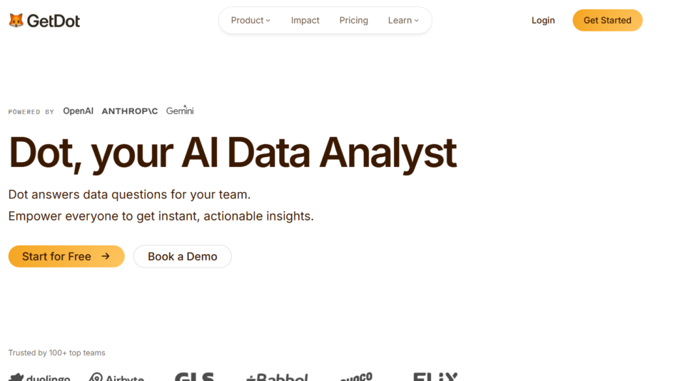 GetDot hero banner with logo, navigation, the headline 'Dot, your AI Data Analyst', subheads, and the CTAs 'Start for Free' and 'Book a Demo'.