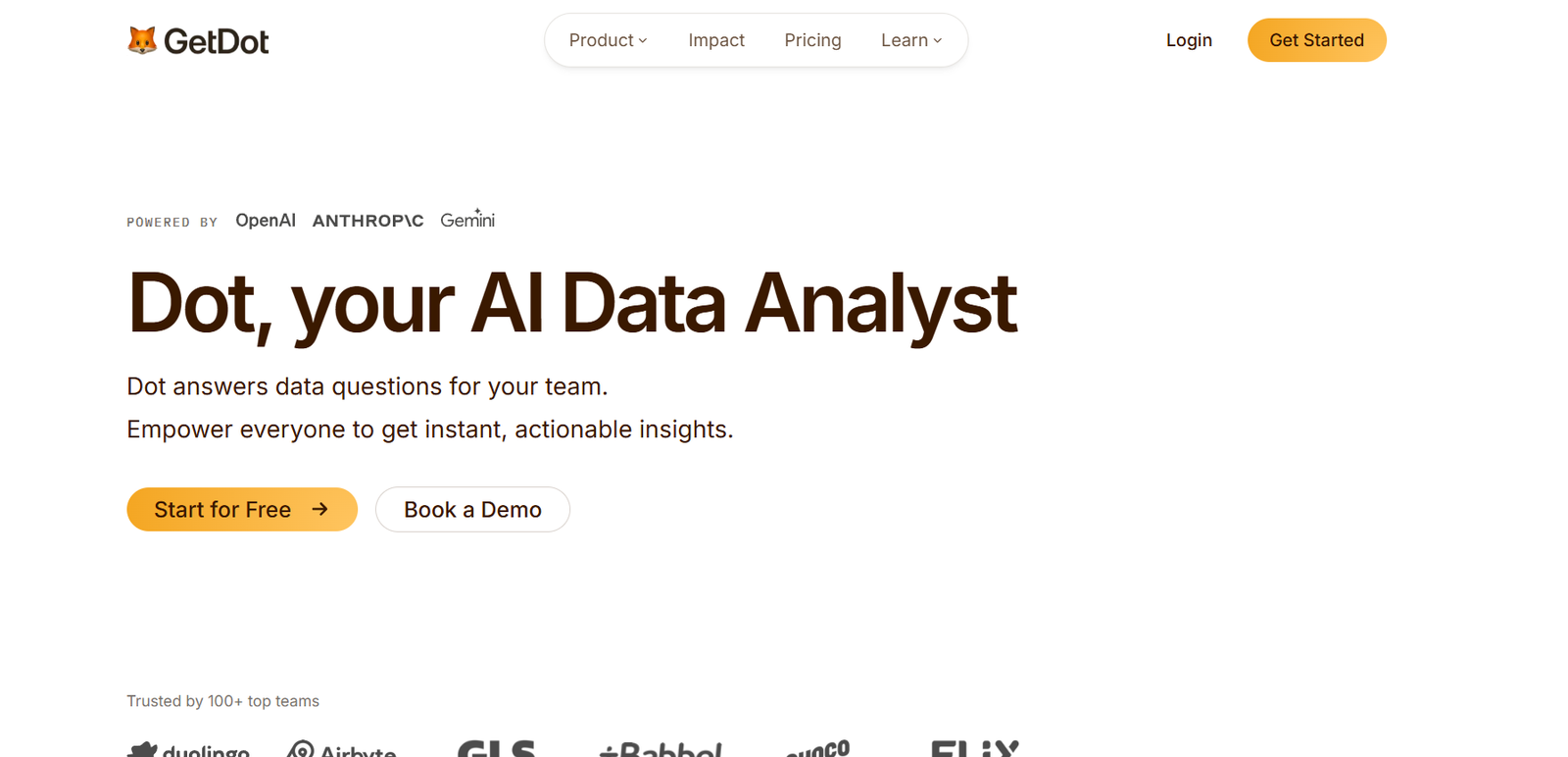 12 - GetDot hero banner with logo, navigation, the headline 'Dot, your AI Data Analyst', subheads, and the CTAs 'Start for Free' and 'Book a Demo'.