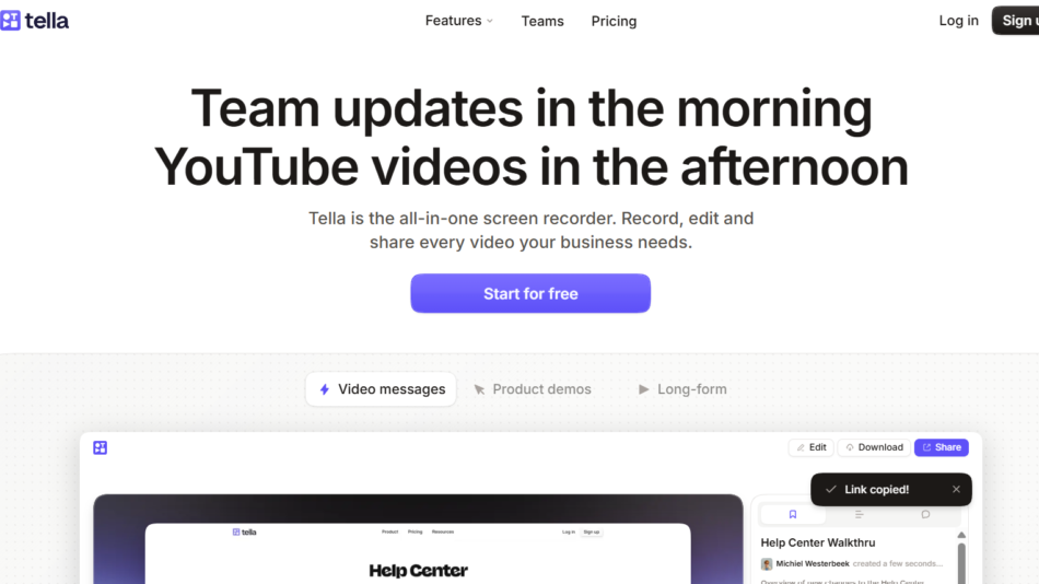 Hero section of Tella's landing page: bold headline about team updates, subtitle, and a purple 'Start for free' button.