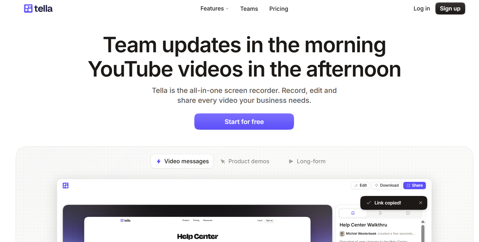 12 - Hero section of Tella's landing page: bold headline about team updates, subtitle, and a purple 'Start for free' button.