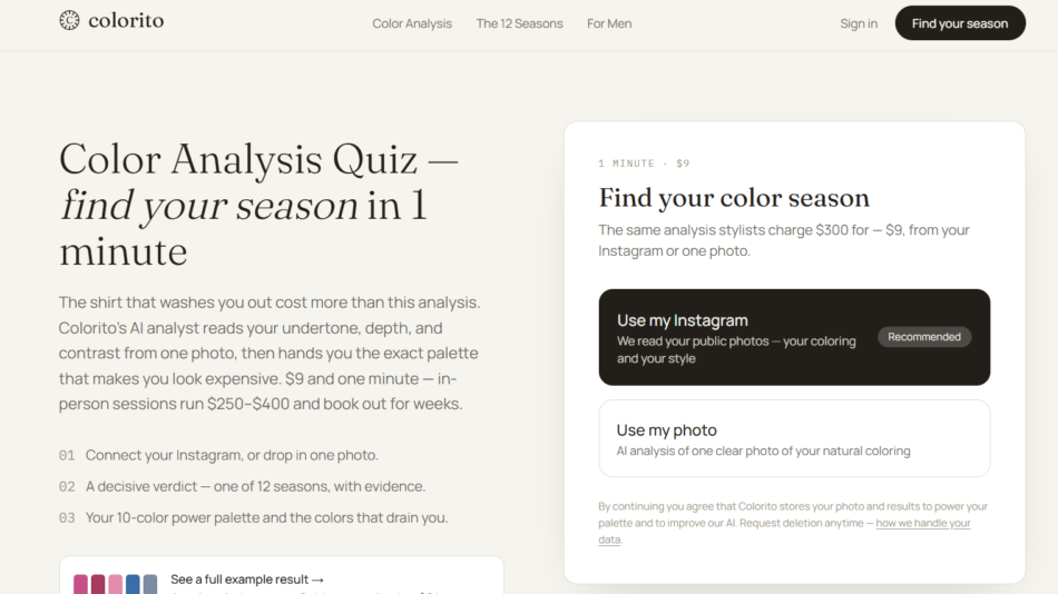 Split hero: left large serif headline 'Color Analysis Quiz — find your season in 1 minute' with explanatory paragraph; right a white rounded card titled 'Find your color season' and two option blocks ('Use my Instagram' and 'Use my photo').