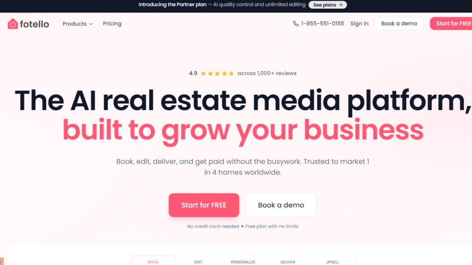 12 - Fotello homepage hero: bold headline about an AI real estate media platform on a pink gradient background with two CTAs: Start for FREE and Book a demo.