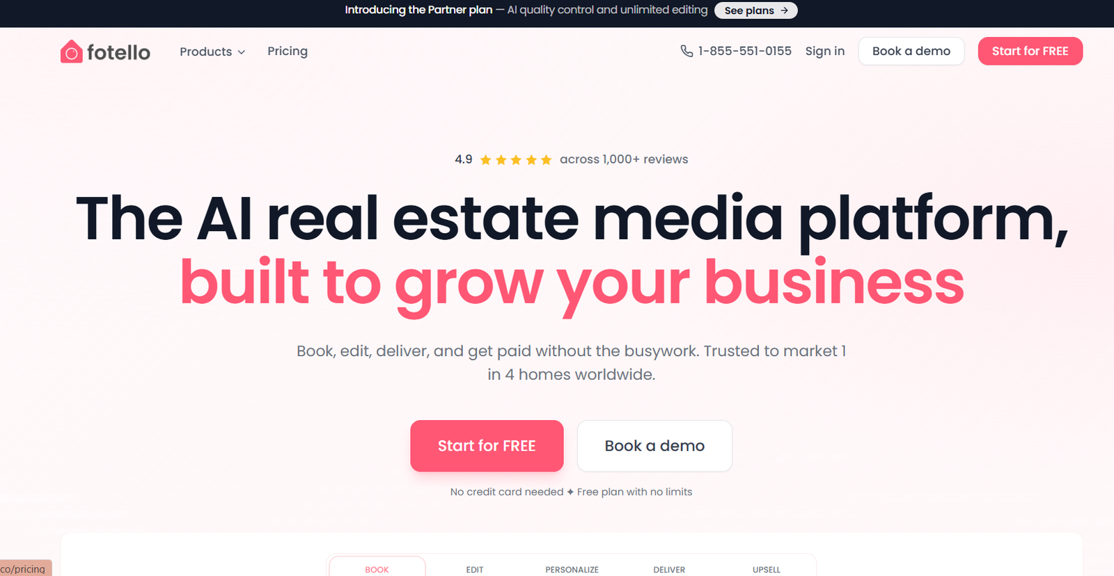 12 - Fotello homepage hero: bold headline about an AI real estate media platform on a pink gradient background with two CTAs: Start for FREE and Book a demo.