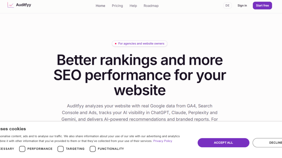 13 - Hero section for Auditfyy promising better SEO rankings, with top navigation and a bottom cookie banner showing options.