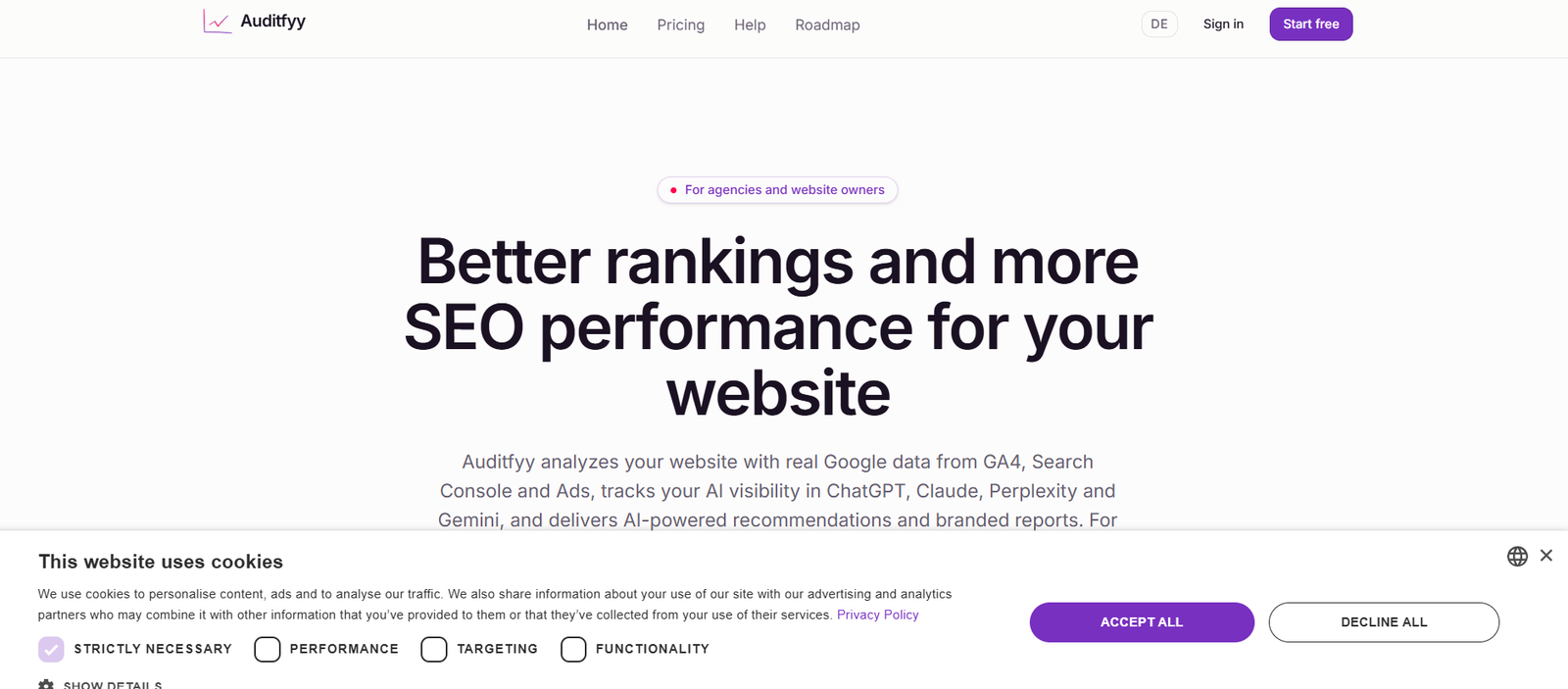 13 - Hero section for Auditfyy promising better SEO rankings, with top navigation and a bottom cookie banner showing options.