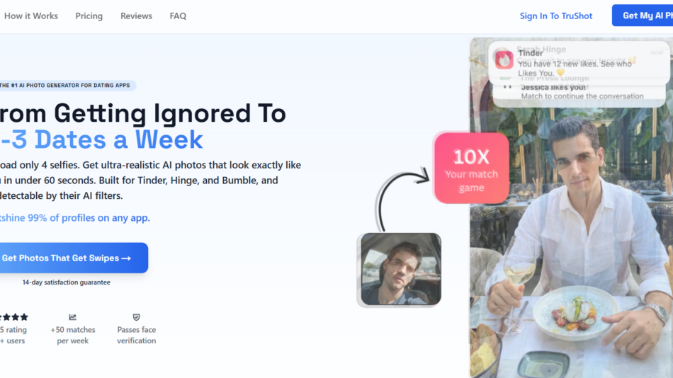 13 - Hero banner for an AI dating photo service: headline about getting more dates, with a collage showing a man dining and overlaid UI elements like '10x your match' badge and profile photos.