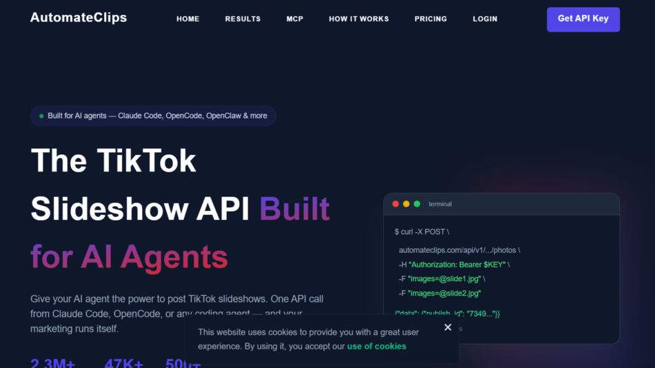 Hero section of AutomateClips site with dark header navigation, bold headline 'The TikTok Slideshow API Built for AI Agents' in white and purple, and a terminal mockup on the right.