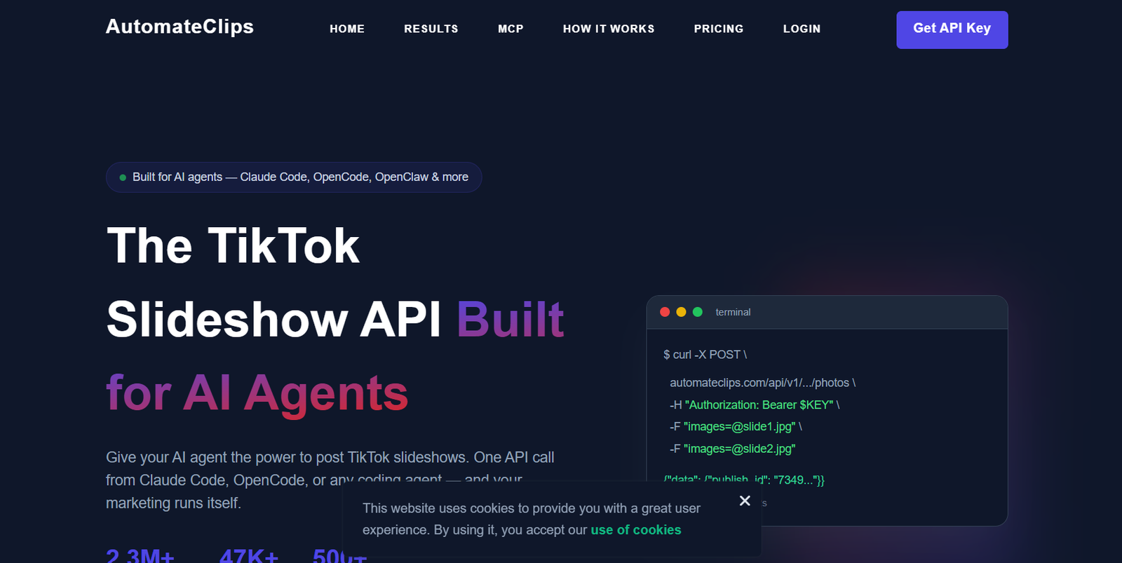 Hero section of AutomateClips site with dark header navigation, bold headline 'The TikTok Slideshow API Built for AI Agents' in white and purple, and a terminal mockup on the right.
