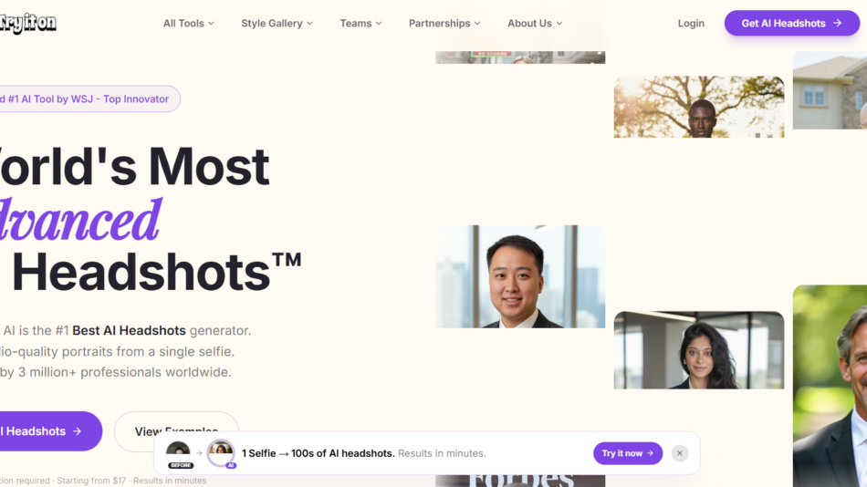 Hero section promoting AI headshots service with large headline and sample portraits as visual accents on a beige background