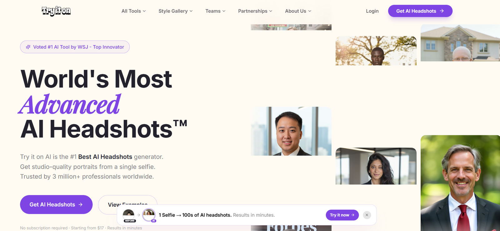 13 - Hero section promoting AI headshots service with large headline and sample portraits as visual accents on a beige background