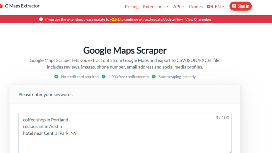 Hero section for Google Maps Scraper: page header with logo, red notice bar, large title and subtitle about exporting Google Maps data, and a big keyword input area showing sample phrases like 'coffee shop in Portland' with a 3 / 100 progress badge.
