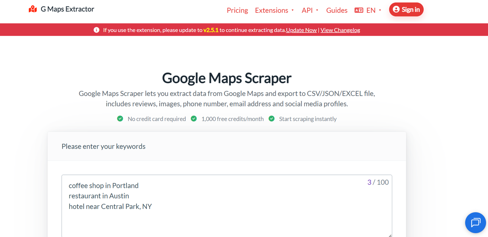 13 - Hero section for Google Maps Scraper: page header with logo, red notice bar, large title and subtitle about exporting Google Maps data, and a big keyword input area showing sample phrases like 'coffee shop in Portland' with a 3 / 100 progress badge.