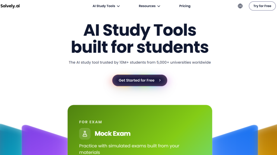 Hero section with bold headline 'AI Study Tools built for students' and a prominent 'Get Started for Free' button, set against colorful gradient shapes in the background.
