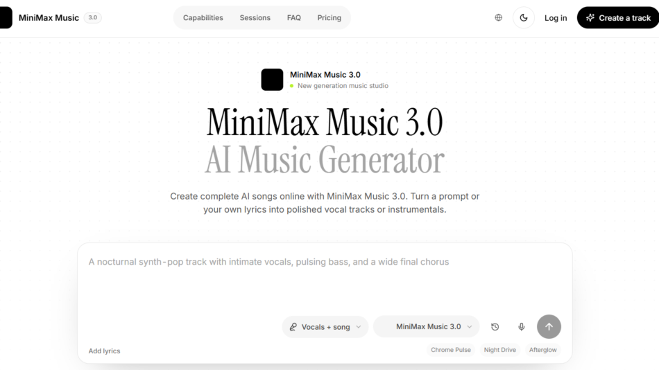 Hero section announcing MiniMax Music 3.0 AI Music Generator with large serif title and dotted background, plus a descriptive subtitle and example prompt panel.
