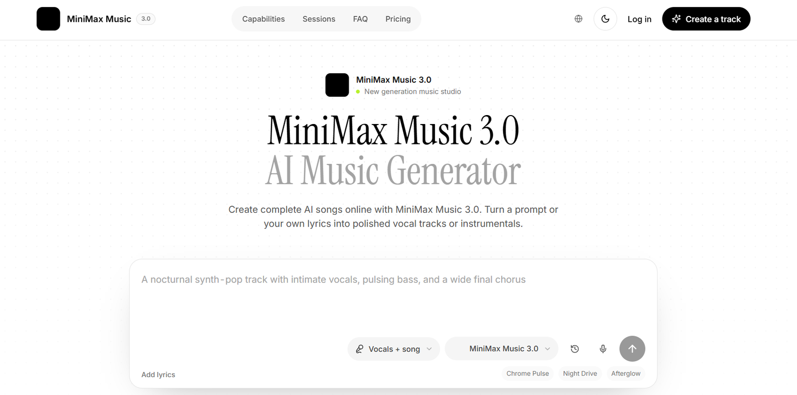 Hero section announcing MiniMax Music 3.0 AI Music Generator with large serif title and dotted background, plus a descriptive subtitle and example prompt panel.