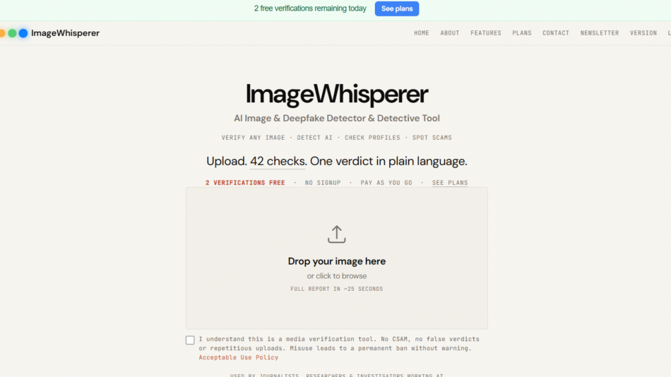 13 - Header area of ImageWhisperer site with logo, navigation, and a large hero title plus an upload drag-and-drop panel.